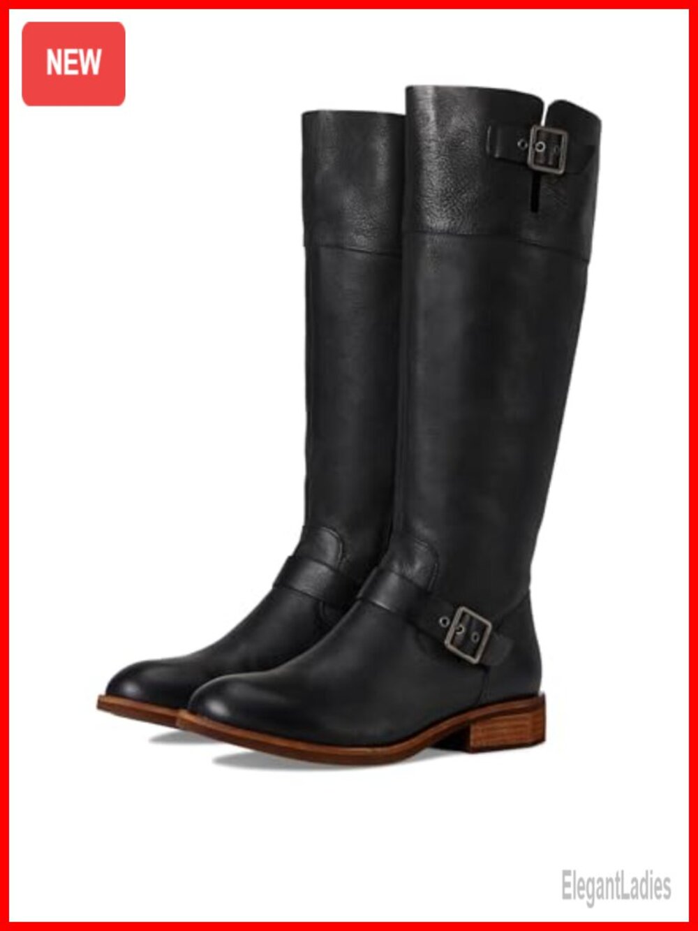 Knee-High Leather Riding Boots with Block Heel and Buckle Detail